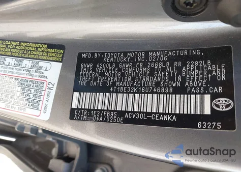 2006 Toyota Camry Le из США, поврежденный, VIN 4T1BE32K16U746898